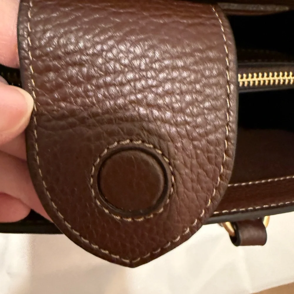 Coach Dark Brown Pebbled Leather Satchel with Gold Accent